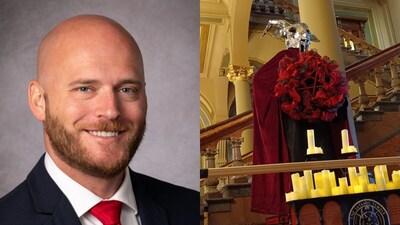 Former Navy pilot removes 'Satanic display' at Iowa State Capitol, faces charges (X/Michael Cassidy)