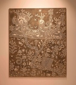 One of the paintings on display at the exhibition showcasing the journey of artist Jivya Soma Mashe. The artworks of his sons Sadashiv Jivya Mashe and Balu Jivya Mashe and grandson Vijay Sadashiv Mashe are featured. One of the paintings on display at the exhibition showcasing the journey of artist Jivya Soma Mashe. The artworks of his sons Sadashiv Jivya Mashe and Balu Jivya Mashe and grandson Vijay Sadashiv Mashe are featured.