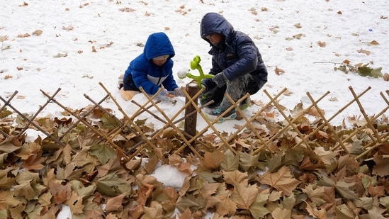 Children play with snow near piled leaves in Beijing, Friday.(AP)