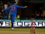 India's Kuldeep Yadav celebrates a wicket. India's Kuldeep Yadav celebrates a wicket.