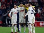 Tottenham Hotspur's Pedro Porro, Destiny Udogie, Cristian Romero, Ben Davies and Guglielmo Vicario celebrate.