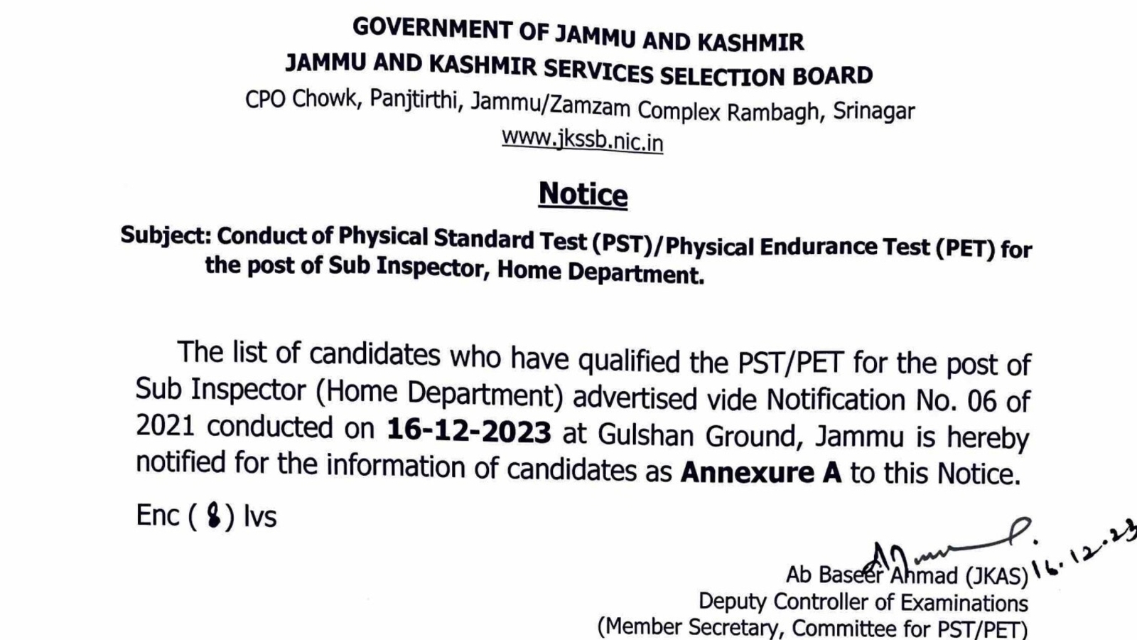 JKSSB Sub Inspector PST/PET 2023 result released at jkssb.nic.in, get link here - Vimarsana News