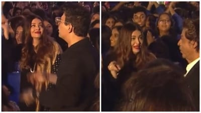 Aishwarya Rai, Shah Rukh Khan and Karan Johar at their kids' annual day function on Friday. Aishwarya Rai, Shah Rukh Khan and Karan Johar at their kids' annual day function on Friday.