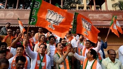BJP workers celebrate party's victory in Rajasthan, Madhya Pradesh and Chhattisgarh. (HT Photo)