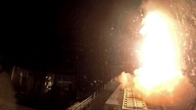 HMS Diamond firing its Sea Viper missile to engage and shot down an aerial drone over the Red Sea. (AP) HMS Diamond firing its Sea Viper missile to engage and shot down an aerial drone over the Red Sea. (AP)