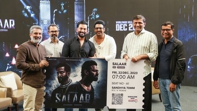 SS Rajamouli with the cast of Salaar. SS Rajamouli with the cast of Salaar.