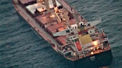 The hijacked MV Ruen in an image shared by the Indian Navy. (AP)