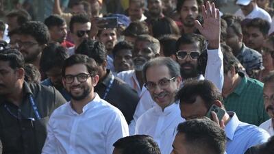 Mumbai, India - Dec 16, 2023 : Uddhav Thackeray and Aditya Thackeray walk along with public and party workers during the Dharavi Morcha at BKC, in Mumbai, India, Saturday, Dec 16, 2023. (Photo by Vijay Bate/HT Photo) Mumbai, India - Dec 16, 2023 : Uddhav Thackeray and Aditya Thackeray walk along with public and party workers during the Dharavi Morcha at BKC, in Mumbai, India, Saturday, Dec 16, 2023. (Photo by Vijay Bate/HT Photo)