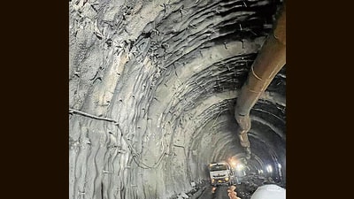 Officials said work has been suspended for the past one week and denied seeing any cracks in the affected 150m stretch. (HT Photo) Officials said work has been suspended for the past one week and denied seeing any cracks in the affected 150m stretch. (HT Photo)
