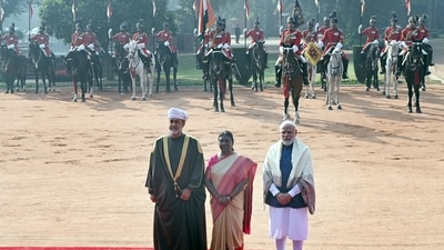 President Droupadi Murmu and PM Modi with Sultan of Oman Haitham Bin Tariq during the latter's ceremonial reception at the Rashtrapati Bhavan in New Delhi. (HT Photo/Arvind Yadav) President Droupadi Murmu and PM Modi with Sultan of Oman Haitham Bin Tariq during the latter's ceremonial reception at the Rashtrapati Bhavan in New Delhi. (HT Photo/Arvind Yadav)
