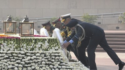 Chief of Defence Staff General Anil Chauhan, Chief of Army Staff General Manoj Pande, Chief of Naval Staff R. Hari Kumar and Vice Chief of Air Staff Air Marshal Amar Preet Singh pay tribute at the National War Memorial on the occasion of Vijay Diwas in New Delhi. (PTI) Chief of Defence Staff General Anil Chauhan, Chief of Army Staff General Manoj Pande, Chief of Naval Staff R. Hari Kumar and Vice Chief of Air Staff Air Marshal Amar Preet Singh pay tribute at the National War Memorial on the occasion of Vijay Diwas in New Delhi. (PTI)