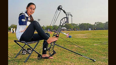 Para archer Sheetal Devi at the Khelo India Para Games in New Delhi on Saturday. (PTI)