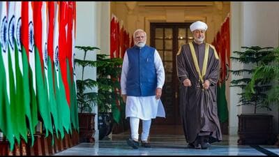 Prime Minister Narendra Modi and Sultan of Oman Haitham Bin Tariq at the Hyderabad House in New Delhi on Saturday. (PTI) Prime Minister Narendra Modi and Sultan of Oman Haitham Bin Tariq at the Hyderabad House in New Delhi on Saturday. (PTI)