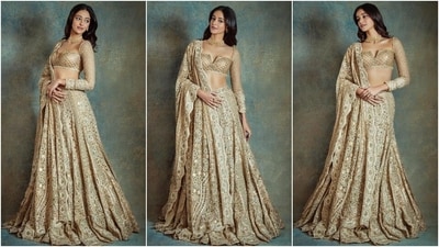 While the blouse features a wide square neckline with a V slit, full-length sleeves, a fitted bust, a cropped midriff-baring hem, and a pearl-adorned dori tie on the back, the lehenga has a mermaid silhouette, layered pleated ghera, mid-rise waist, and a floor-length hem. Ananya styled the outfit by draping the dupatta on her shoulder. (Instagram) While the blouse features a wide square neckline with a V slit, full-length sleeves, a fitted bust, a cropped midriff-baring hem, and a pearl-adorned dori tie on the back, the lehenga has a mermaid silhouette, layered pleated ghera, mid-rise waist, and a floor-length hem. Ananya styled the outfit by draping the dupatta on her shoulder. (Instagram)
