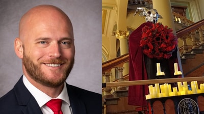 Former Navy pilot removes 'Satanic display' at Iowa State Capitol, faces charges (X/Michael Cassidy) Former Navy pilot removes 'Satanic display' at Iowa State Capitol, faces charges (X/Michael Cassidy)