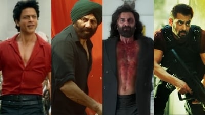 (L-R) Stills from Jawan, Gadar 2, Animal and Tiger 3.