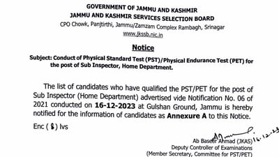 JKSSB announces results of PST/PET for Sub Inspector post JKSSB announces results of PST/PET for Sub Inspector post
