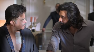 Anil Kapoor and Ranbir Kapoor in a still from Animal. Anil Kapoor and Ranbir Kapoor in a still from Animal.