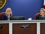 Sarasota County School Board chair Karen Rose introduces a non-binding resolution asking for the resignation of school board member Bridget Ziegler, who is also co-founder of conservative parents group Moms for Liberty, during a school board meeting in Sarasota, Florida, U.S. December 12, 2023.  REUTERS/Steve Nesius