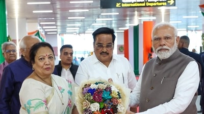 PM Modi was felicitated by Union Minister of State for Railways Darshana Jardosh and Gujarat Bharatiya Janata Party (BJP) Chief CR Patil during the inauguration of the New Integrated Terminal Building of Surat Airport. The airport is equipped to handle 1,200 domestic passengers and 600 international passengers during peak hours. (ANI) PM Modi was felicitated by Union Minister of State for Railways Darshana Jardosh and Gujarat Bharatiya Janata Party (BJP) Chief CR Patil during the inauguration of the New Integrated Terminal Building of Surat Airport. The airport is equipped to handle 1,200 domestic passengers and 600 international passengers during peak hours. (ANI)