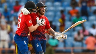 Phil Salt (R) and Harry Brook (L) of England celebrate winning the 3rd T20I between West Indies and England at Grenada National Cricket Stadium (AFP) Phil Salt (R) and Harry Brook (L) of England celebrate winning the 3rd T20I between West Indies and England at Grenada National Cricket Stadium (AFP)