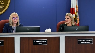 Sarasota County School Board chair Karen Rose introduces a non-binding resolution asking for the resignation of school board member Bridget Ziegler, who is also co-founder of conservative parents group Moms for Liberty, during a school board meeting in Sarasota, Florida, U.S. December 12, 2023.  REUTERS/Steve Nesius (REUTERS)