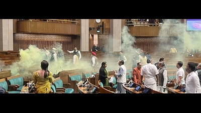 New Delhi, Dec 13 (ANI): A video grab taken from the India TV channel shows an unidentified man jumping from the visitor's gallery of Lok Sabha, causing a scene using a colour smoke in the House during the Winter Session of Parliament, in New Delhi. (ANI)