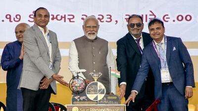 Prime Minister Narendra Modi inaugurates the Surat Diamond Bourse, in Surat on Sunday. Gujarat Chief Minister Bhupendra Patel is also present. (ANI)