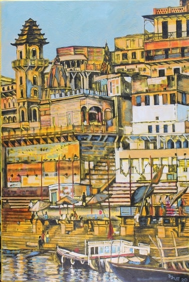 Artist Mamta Malhotra's paintings at this exhibition celebrate the art and architecture of Varanasi.