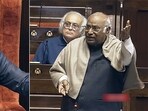 Rajya Sabha Chairman Jagdeep Dhankhar and Leader of Opposition in the House Mallikarjun Kharge during the Winter Session of the Parliament, in New Delhi on Wednesday. Rajya Sabha Chairman Jagdeep Dhankhar and Leader of Opposition in the House Mallikarjun Kharge during the Winter Session of the Parliament, in New Delhi on Wednesday.