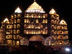 Swarveds Mahamandir illuminated on the eve of its inauguration, in Varanasi, Sunday, Dec. 17, 2023. Swarveds Mahamandir illuminated on the eve of its inauguration, in Varanasi, Sunday, Dec. 17, 2023.