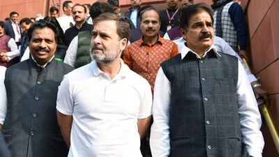 Congress MPs Rahul Gandhi, KC Venugopal, Kodikunnil Suresh and others at the Parliament House during the Winter Session on Friday (ANI)