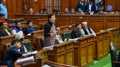 Delhi finance minister Atishi speaks in the Delhi assembly on a debate over the finance department stopping funds. (PTI) Delhi finance minister Atishi speaks in the Delhi assembly on a debate over the finance department stopping funds. (PTI)