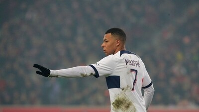 PSG's Kylian Mbappe reacts during a match (AP) PSG's Kylian Mbappe reacts during a match (AP)