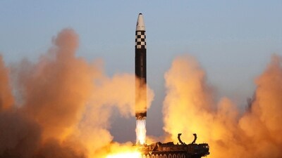 This photo provided by the North Korean government shows what it says is an intercontinental ballistic missile in a launching drill at the Sunan international airport in Pyongyang, North Korea on March 16, 2023. (KCNA via AP) This photo provided by the North Korean government shows what it says is an intercontinental ballistic missile in a launching drill at the Sunan international airport in Pyongyang, North Korea on March 16, 2023. (KCNA via AP)