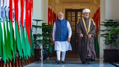 PM Modi and Sultan of Oman Haitham Bin Tariq at the Hyderabad House in New Delhi. (PTI) PM Modi and Sultan of Oman Haitham Bin Tariq at the Hyderabad House in New Delhi. (PTI)
