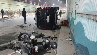 The damaged car and bike at the Rajeev Chowk underpass in Gurugram on Sunday. (Parveen Kumar/HT Photo) The damaged car and bike at the Rajeev Chowk underpass in Gurugram on Sunday. (Parveen Kumar/HT Photo)