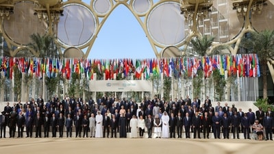 World leaders pose for a photograph at the COP 28 summit in UAE. Among the notable attendees of the Summit were PM Narendra Modi, President of the UAE and Ruler of Abu Dhabi, Sheikh Mohamed bin Zayed Al Nahyan, UN Secretary General Antonio Gutterus, Uzbekistan President Shavkat Mirziyoyev, Netherlands PM Mark Rutte, Italian Prime Minister Giorgia Meloni and European Union President Ursula von der Leyen. (X/COP 28 UAE) World leaders pose for a photograph at the COP 28 summit in UAE. Among the notable attendees of the Summit were PM Narendra Modi, President of the UAE and Ruler of Abu Dhabi, Sheikh Mohamed bin Zayed Al Nahyan, UN Secretary General Antonio Gutterus, Uzbekistan President Shavkat Mirziyoyev, Netherlands PM Mark Rutte, Italian Prime Minister Giorgia Meloni and European Union President Ursula von der Leyen. (X/COP 28 UAE)