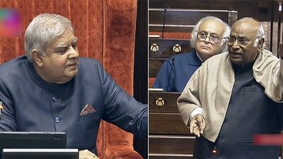 Rajya Sabha Chairman Jagdeep Dhankhar and Leader of Opposition in the House Mallikarjun Kharge during the Winter Session of the Parliament, in New Delhi on Wednesday. (ANI) Rajya Sabha Chairman Jagdeep Dhankhar and Leader of Opposition in the House Mallikarjun Kharge during the Winter Session of the Parliament, in New Delhi on Wednesday. (ANI)