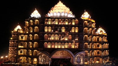 Swarveds Mahamandir illuminated on the eve of its inauguration, in Varanasi, Sunday, Dec. 17, 2023. (PTI)