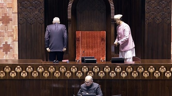 Proceedings of the Rajya Sabha adjourned amid an uproar by Opposition MPs during the Winter Session of Parliament, in New Delhi on Monday. (ANI Photo/Sansad TV) Proceedings of the Rajya Sabha adjourned amid an uproar by Opposition MPs during the Winter Session of Parliament, in New Delhi on Monday. (ANI Photo/Sansad TV)