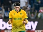 South Africa's Gerald Coetzee celebrates a wicket. South Africa's Gerald Coetzee celebrates a wicket.