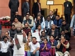 Opposition MPs, who were suspended from the Parliament for the remainder of the Winter Session, stage a protest. (ANI)
