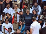 TMC MP Kalyan Banerjee and other suspended MPs during a protest outside Parliament, on Tuesday. (Rahul Singh)