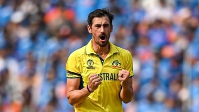 Australia's Mitchell Starc celebrates the wicket of India's KL Rahul during the ICC Men's Cricket World Cup 2023 final match (ICC Twitter) Australia's Mitchell Starc celebrates the wicket of India's KL Rahul during the ICC Men's Cricket World Cup 2023 final match (ICC Twitter)