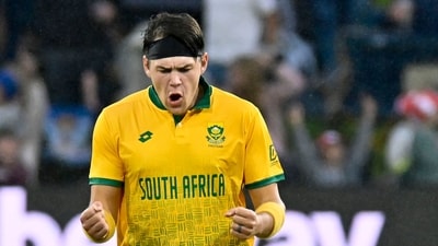 South Africa's Gerald Coetzee celebrates a wicket. (AFP) South Africa's Gerald Coetzee celebrates a wicket. (AFP)