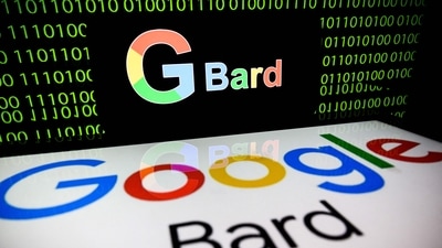 Screens displaying the logos of Bard AI, a conversational artificial intelligence software application developed by Google. (AFP)