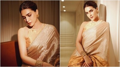 Kriti accessorised the saree with gold jewels, including a floral earring, bracelets, and rings. Lastly, she chose muted brown eye shadow, mascara on the lashes, glossy brown lip shade, feathered brows, dewy base, and rouge on the cheekbones for the glam picks.&nbsp; (Instagram)