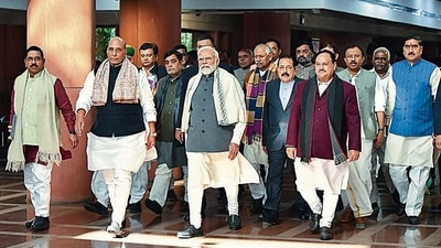 Prime Minister Narendra Modi with Union Defence Minister Rajnath Singh, BJP national president JP Nadda and others leave after attending BJP Parliamentary Party meeting. (Rahul Singh) Prime Minister Narendra Modi with Union Defence Minister Rajnath Singh, BJP national president JP Nadda and others leave after attending BJP Parliamentary Party meeting. (Rahul Singh)