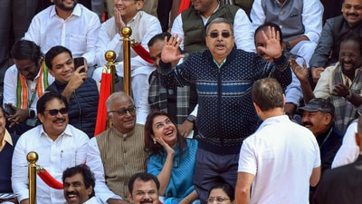 TMC MP Kalyan Banerjee and other suspended MPs during a protest outside Parliament, on Tuesday. (Rahul Singh) TMC MP Kalyan Banerjee and other suspended MPs during a protest outside Parliament, on Tuesday. (Rahul Singh)